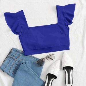Square Neck Knot Open Back Ruffle Trim Crop Top
